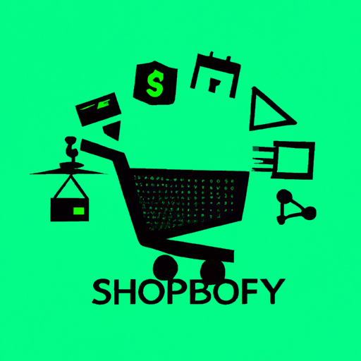 איור המציג את הלוגו של Shopify עם רכיבי מסחר אלקטרוני שונים כמו עגלת קניות, כרטיס אשראי וכו'.